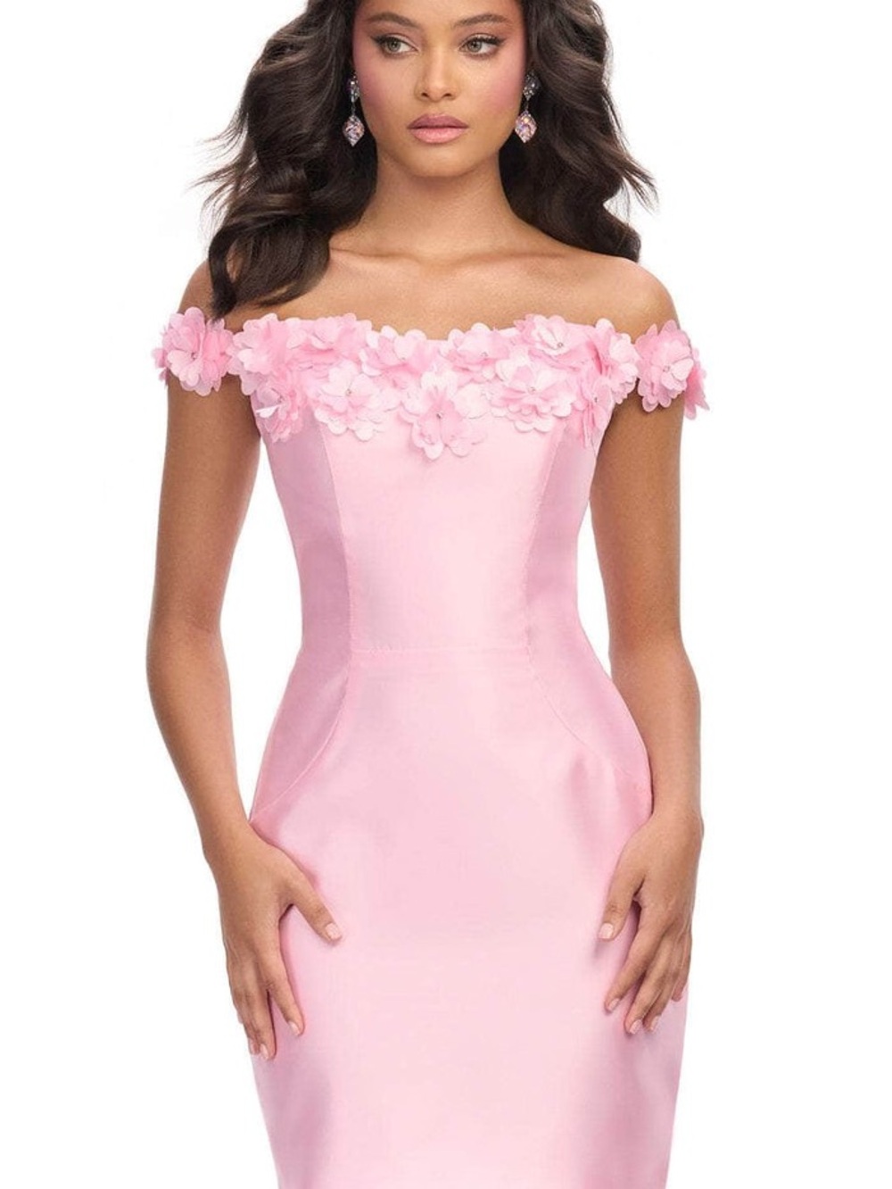 Off-Shoulder Pink Floral Appliqué Mini Dress